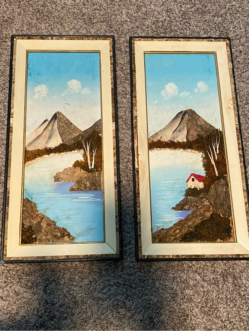 Vintage 1950’s Japan Bark & Moss Wall Art Mountain Lake Scene Michigan Set of 2